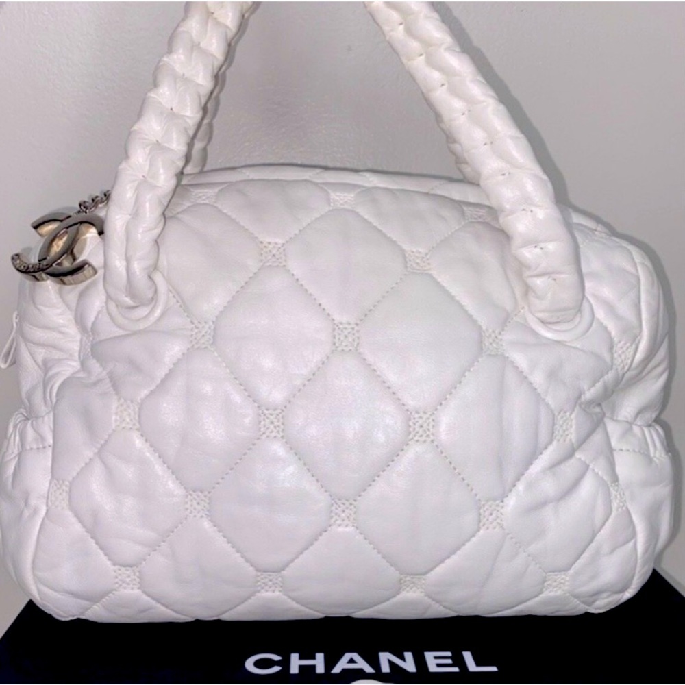 CHANEL Quilter Leather Bowler Handbag White
